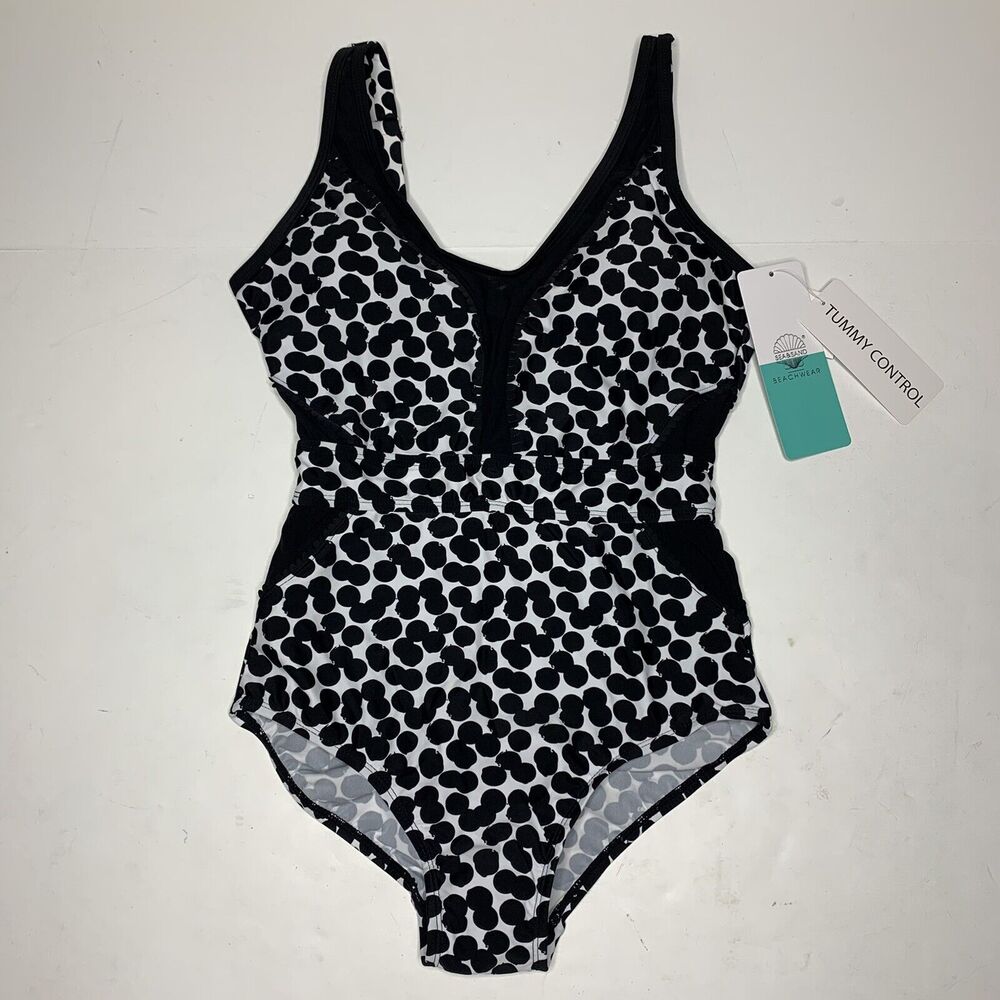 Sea & Sand Beachwear Black White One Piece Swimsuit Women’s Size 10 NEW